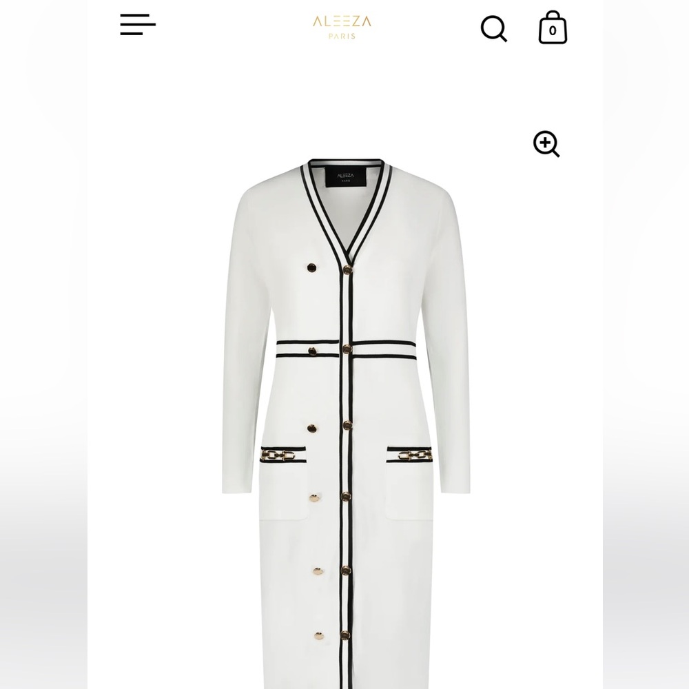 Aleeza Paris White Cardigan Dress with Black Trim Midi Length - Picture 2 of 9